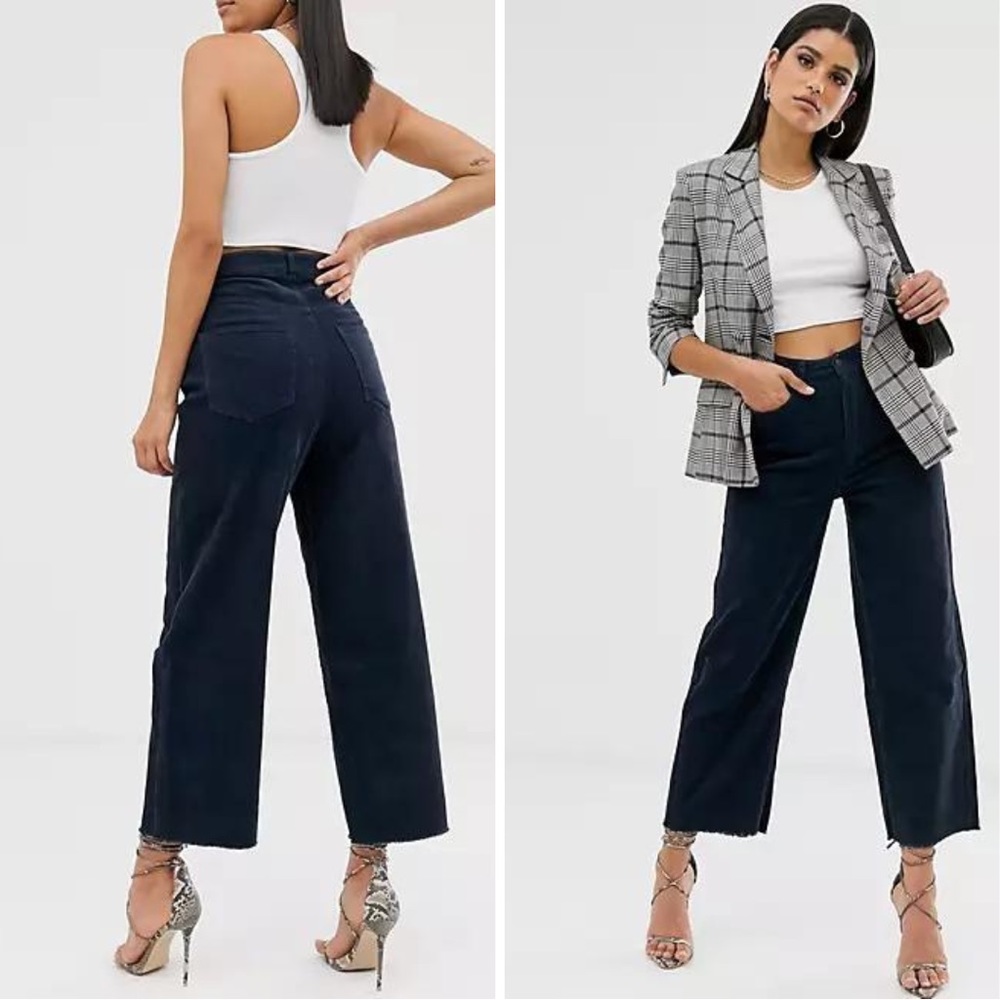 Vero Moda cropped high waist wide leg cord trousers with frayed hem in navy 🫐